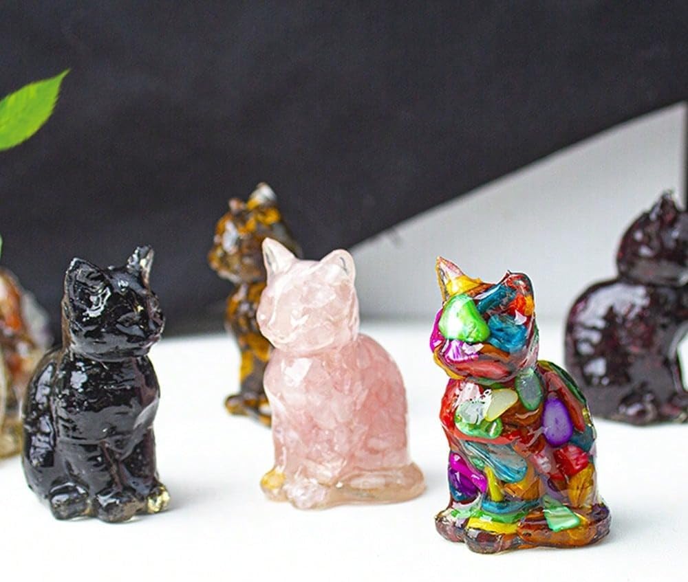 Genérico Amber Yellow Natural Crystal Cat Figurine - Desk and Home Decor, Healing Stone Covered with Resin - Colorful Animal Ornament for Office and Living Room