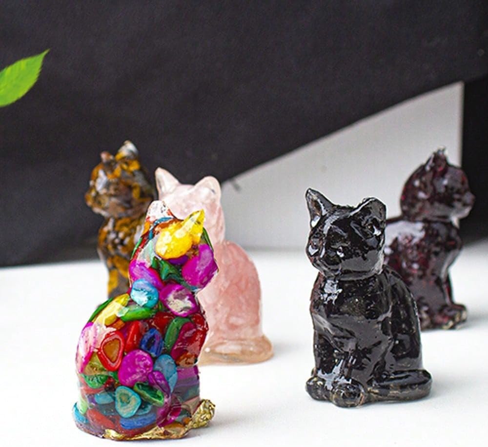 Genérico Natural Crystal Cat Figurine Carved Black Quartz - Desk and Home Decor, Healing Stone Covered with Resin - Colorful Animal Ornament for Office and Living Room