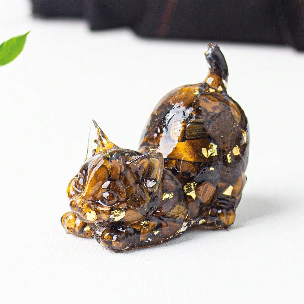Genérico Natural Crystal Cat Figurine Carved Black Quartz - Desk and Home Decor, Healing Stone Covered with Resin - Colorful Animal Ornament for Office and Living Room