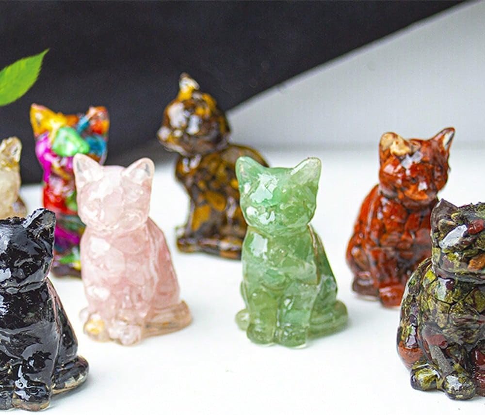 Genérico Natural Crystal Cat Figurine Carved Black Quartz - Desk and Home Decor, Healing Stone Covered with Resin - Colorful Animal Ornament for Office and Living Room