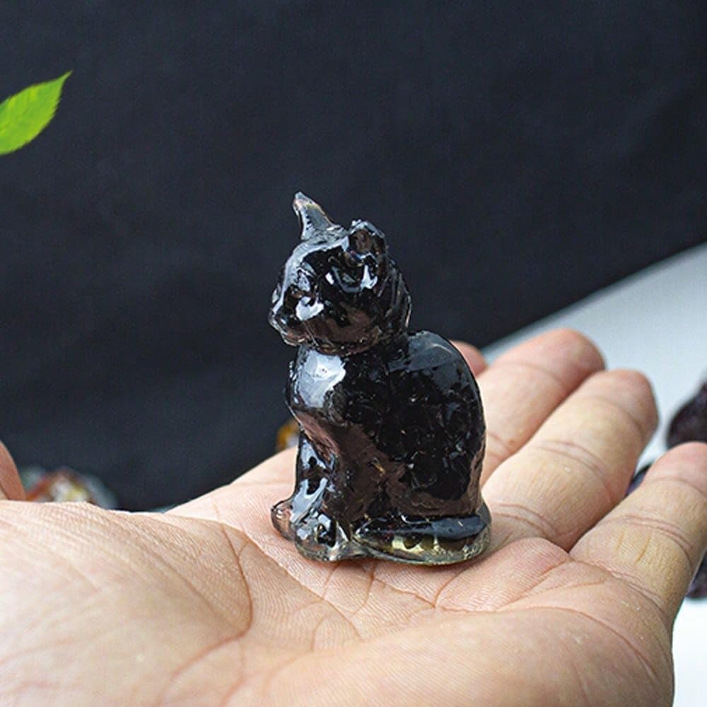 Genérico Natural Crystal Cat Figurine Carved Black Quartz - Desk and Home Decor, Healing Stone Covered with Resin - Colorful Animal Ornament for Office and Living Room
