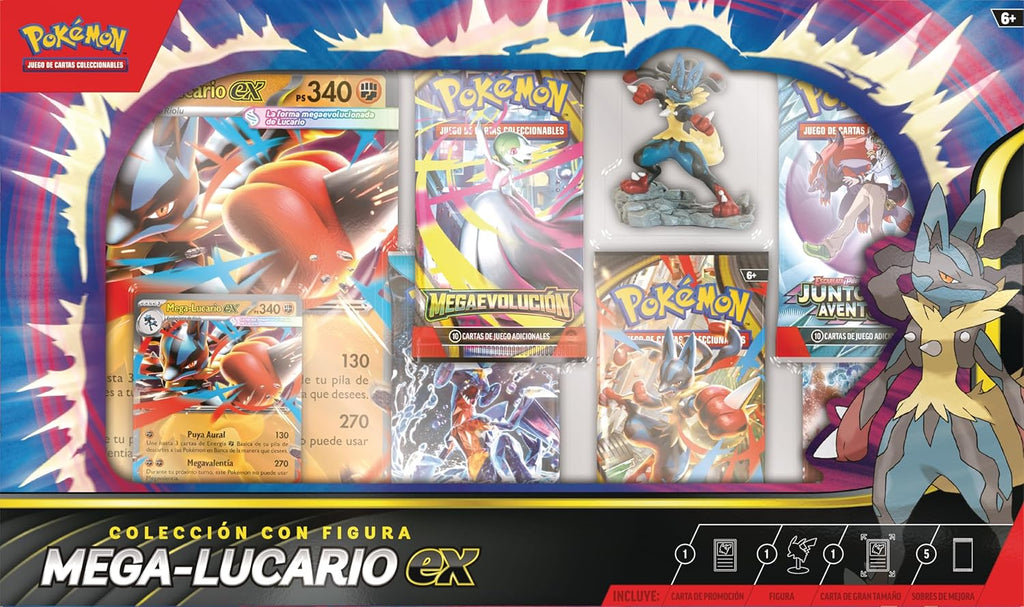 Pokémon: JCC Pokémon Mega-Lucario ex Figure Collection (1 Holographic Embossed Promo Card, 1 Oversized Promo Card, 5 Upgrade Envelopes and 1 Mega-Lucario Figure)