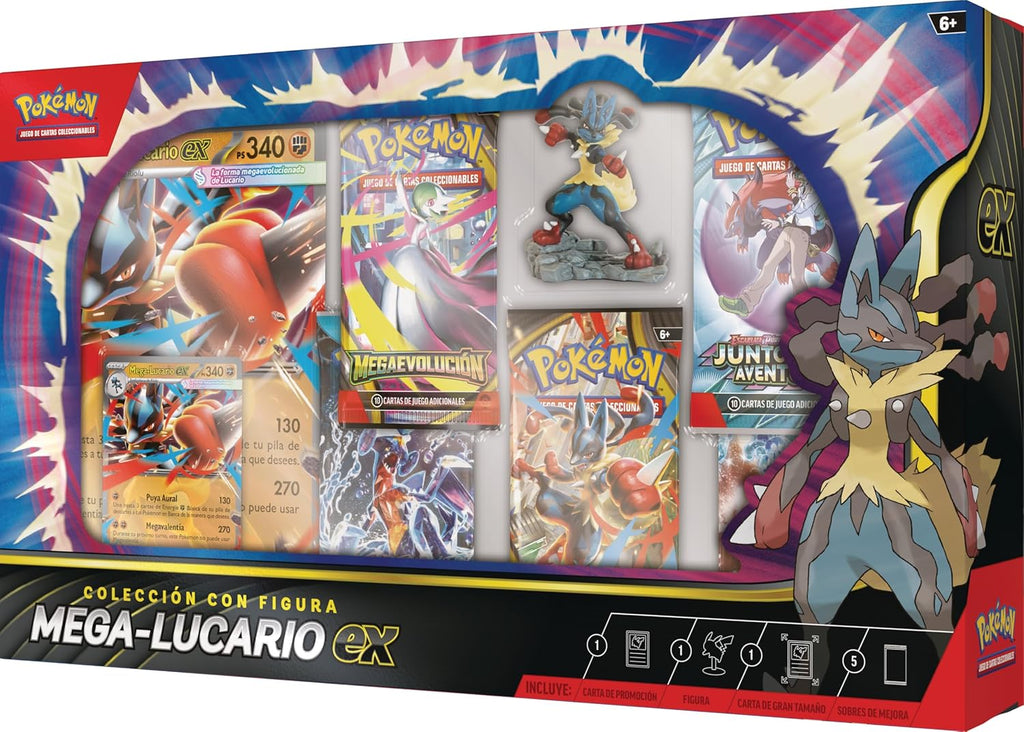 Pokémon: JCC Pokémon Mega-Lucario ex Figure Collection (1 Holographic Embossed Promo Card, 1 Oversized Promo Card, 5 Upgrade Envelopes and 1 Mega-Lucario Figure)